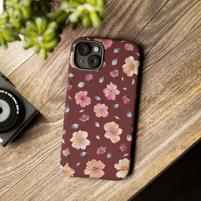 Coque Téléphone Samsung, iPhone & Google Pixel Renforcée Mate – Design Floral Fleurs de Cerisier sur Fond Bordeaux | Protection Antichoc | Idée Cadeau Pour Elle