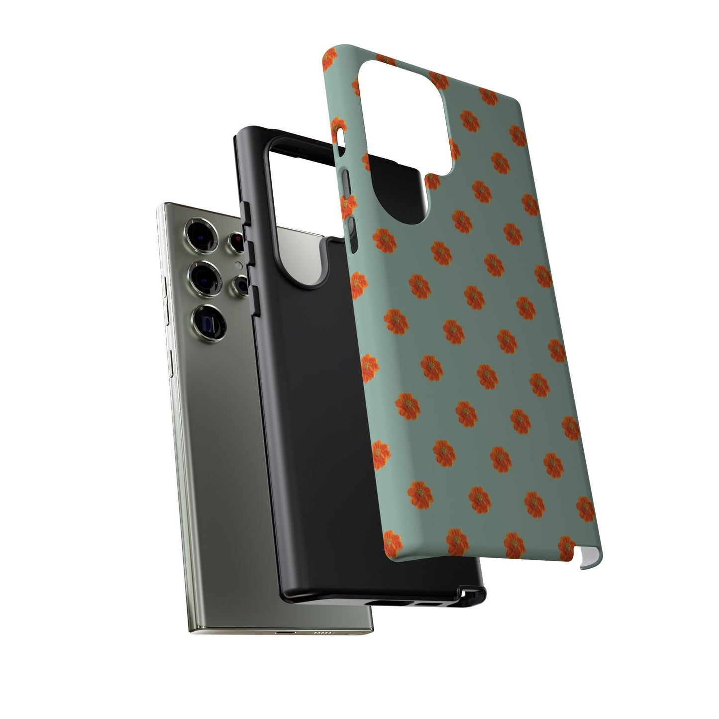 Coque Téléphone Samsung, iPhone & Google Pixel Renforcée Mate – Design Floral Epuré Fleurs de Cosmos Orange sur Fond Vert Eucalyptus | Protection Antichoc | Idée Cadeau Femme