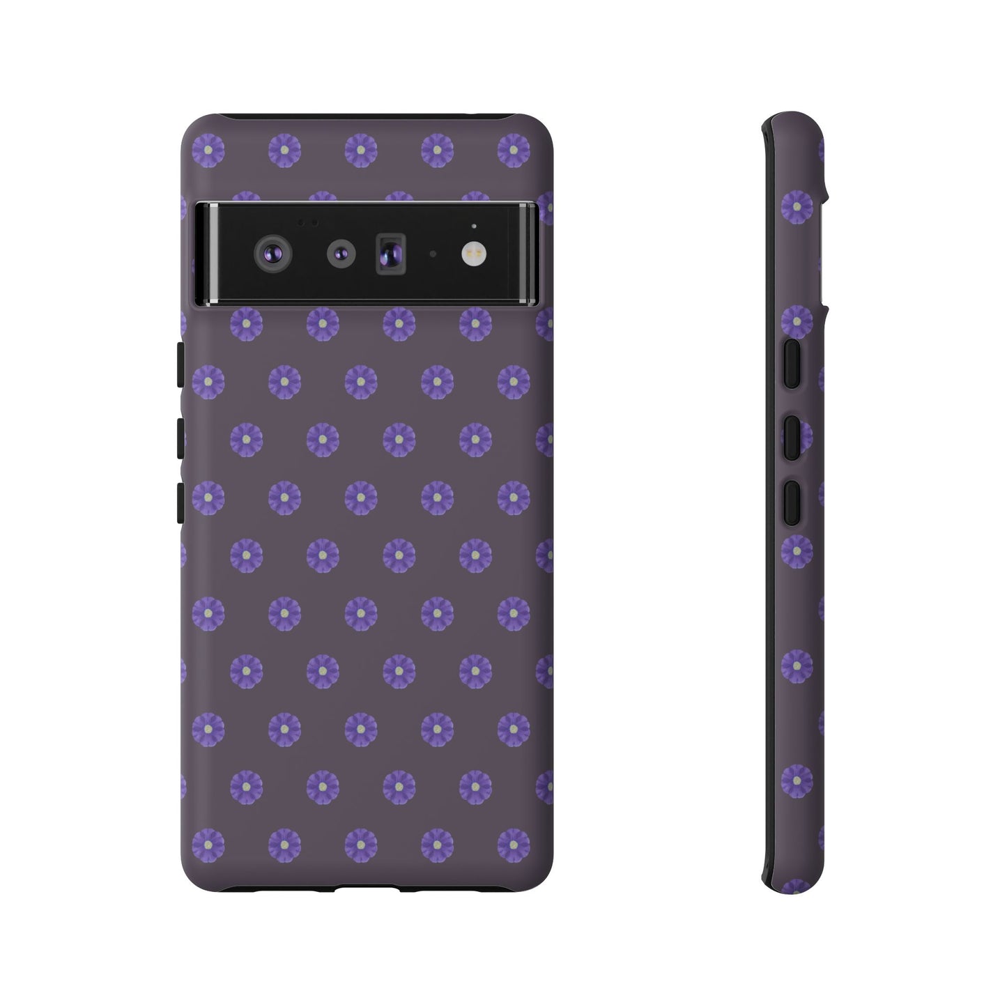 Coque Téléphone Samsung, iPhone & Google Pixel Renforcée Mate – Design Floral Epuré Fleurs de Primevère sur Fond Couleur Prune| Protection Antichoc | Idée Cadeau Femme