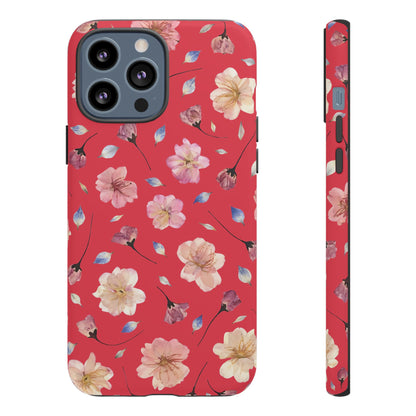 Coque Téléphone Samsung, iPhone & Google Pixel Renforcée Mate – Design Floral Fleurs de Cerisier sur Fond Rouge Féminin | Protection Antichoc | Idée Cadeau Femme