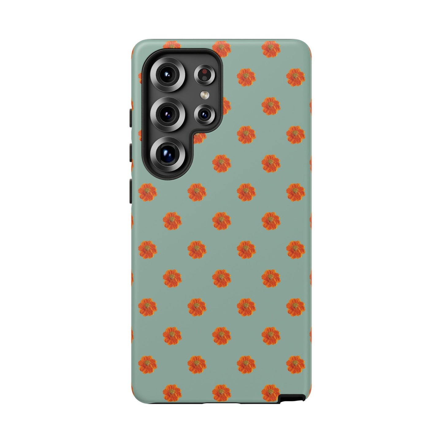 Coque Téléphone Samsung, iPhone & Google Pixel Renforcée Mate – Design Floral Epuré Fleurs de Cosmos Orange sur Fond Vert Eucalyptus | Protection Antichoc | Idée Cadeau Femme