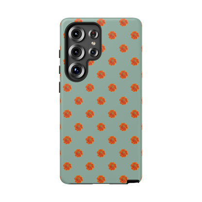 Coque Téléphone Samsung, iPhone & Google Pixel Renforcée Mate – Design Floral Epuré Fleurs de Cosmos Orange sur Fond Vert Eucalyptus | Protection Antichoc | Idée Cadeau Femme