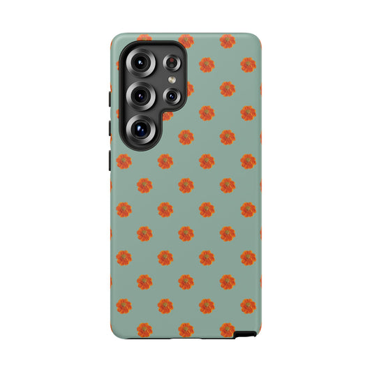Coque Téléphone Samsung, iPhone & Google Pixel Renforcée Mate – Design Floral Epuré Fleurs de Cosmos Orange sur Fond Vert Eucalyptus | Protection Antichoc | Idée Cadeau Femme