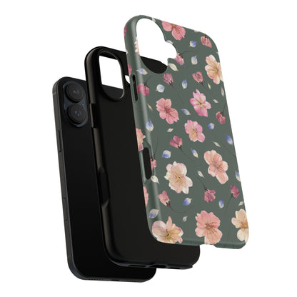 Coque Téléphone Samsung, iPhone & Google Pixel Renforcée Mate – Design Floral Fleurs de Cerisier sur Fond Verte Minéral | Protection Antichoc | Idée Cadeau Femme