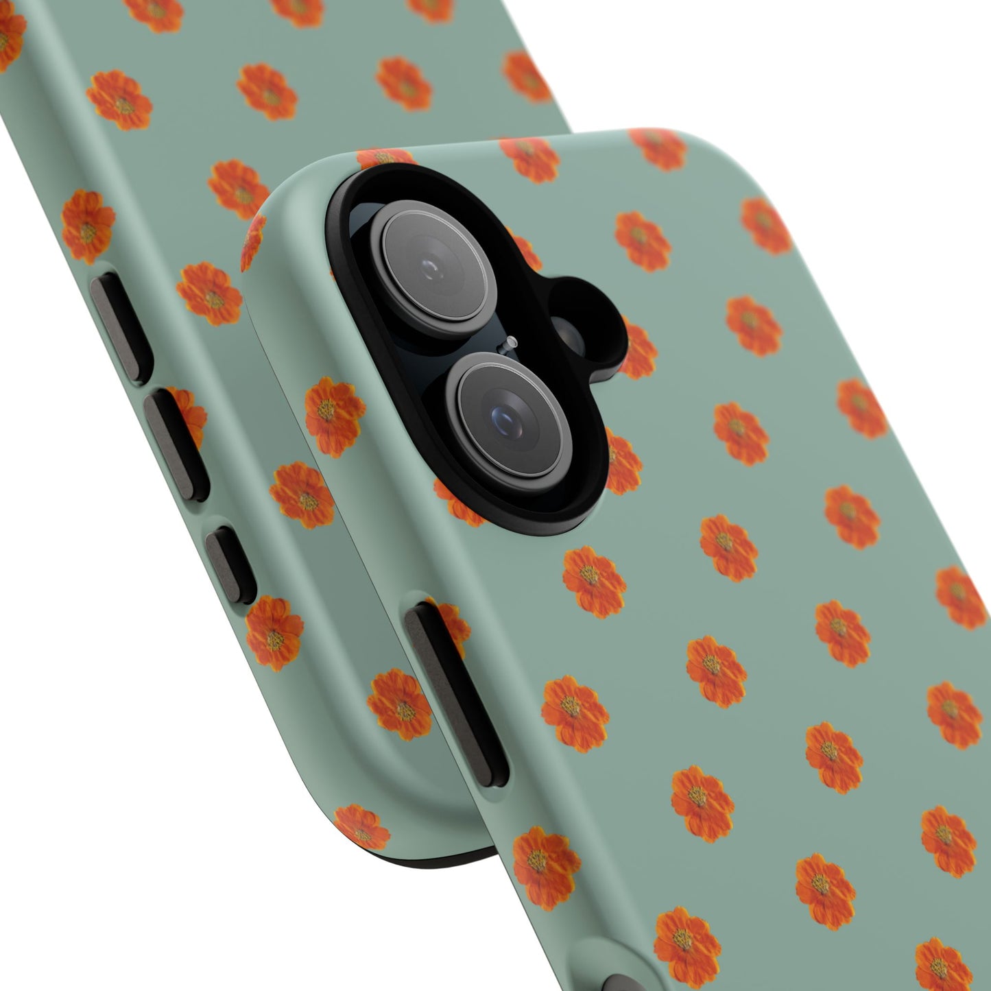 Coque Téléphone Samsung, iPhone & Google Pixel Renforcée Mate – Design Floral Epuré Fleurs de Cosmos Orange sur Fond Vert Eucalyptus | Protection Antichoc | Idée Cadeau Femme