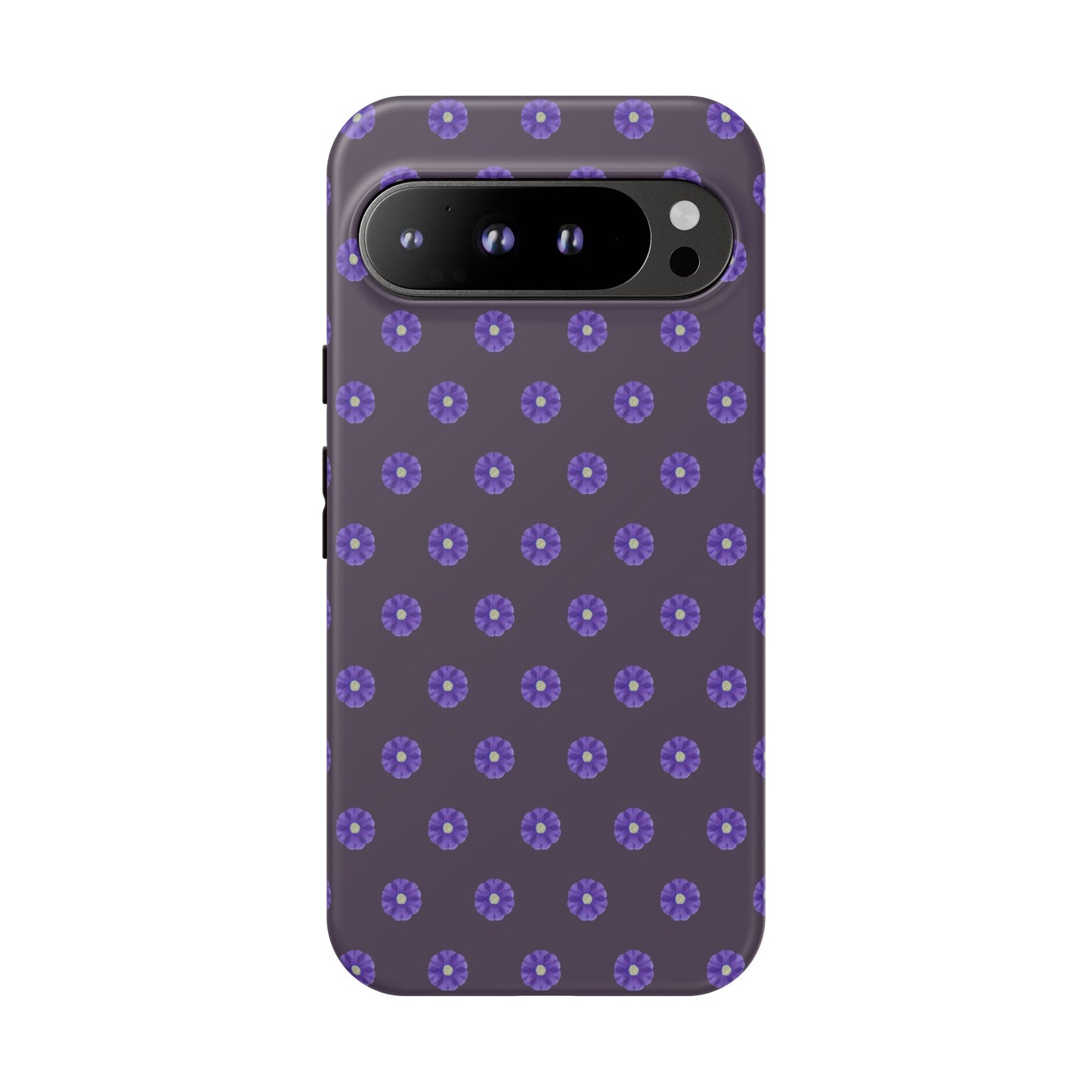 Coque Téléphone Samsung, iPhone & Google Pixel Renforcée Mate – Design Floral Epuré Fleurs de Primevère sur Fond Couleur Prune| Protection Antichoc | Idée Cadeau Femme