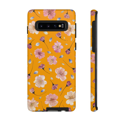 Coque Téléphone Samsung, iPhone & Google Pixel Renforcée Mate – Design Floral Fleurs de Cerisier sur Fond Couleur Curcuma| Protection Antichoc | Idée Cadeau Femme
