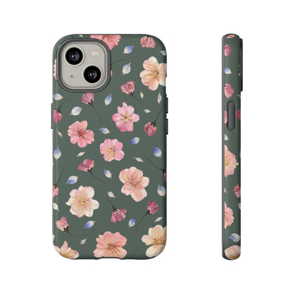Coque Téléphone Samsung, iPhone & Google Pixel Renforcée Mate – Design Floral Fleurs de Cerisier sur Fond Verte Minéral | Protection Antichoc | Idée Cadeau Femme