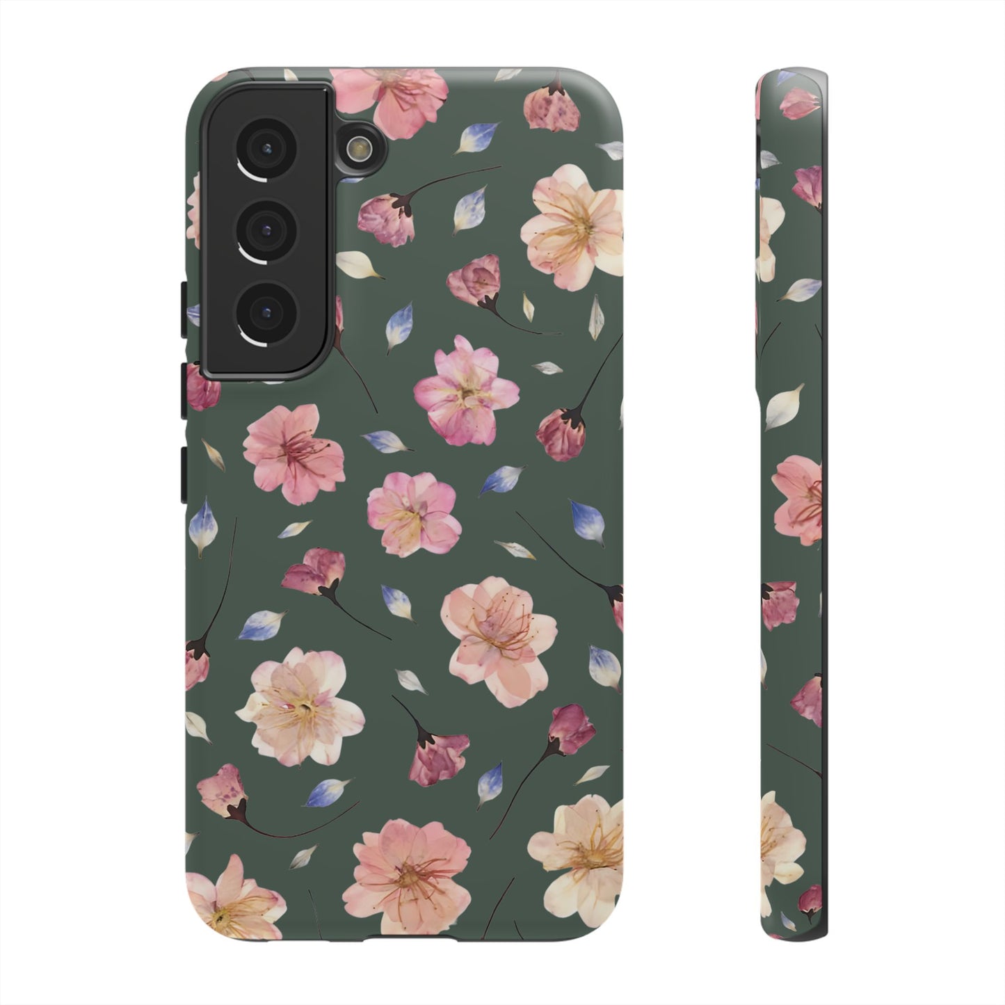 Coque Téléphone Samsung, iPhone & Google Pixel Renforcée Mate – Design Floral Fleurs de Cerisier sur Fond Verte Minéral | Protection Antichoc | Idée Cadeau Femme