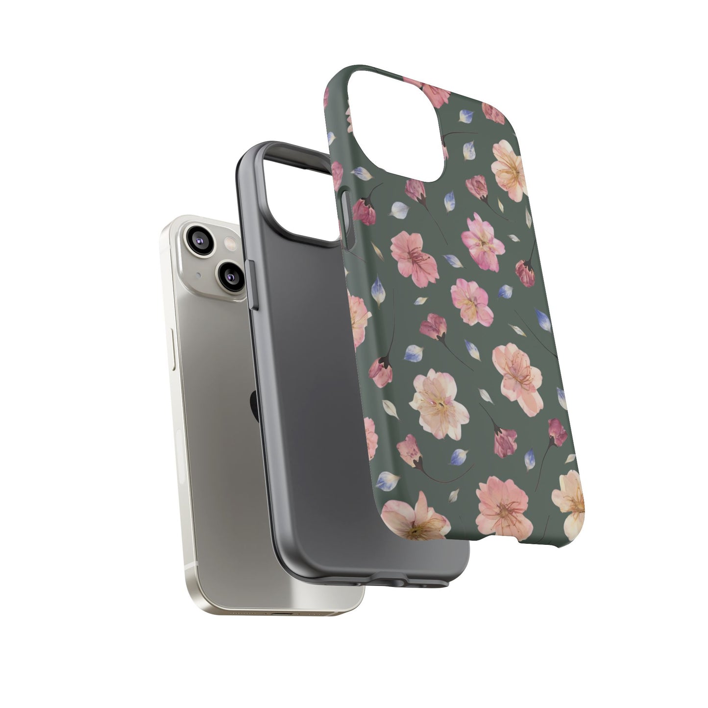 Coque Téléphone Samsung, iPhone & Google Pixel Renforcée Mate – Design Floral Fleurs de Cerisier sur Fond Verte Minéral | Protection Antichoc | Idée Cadeau Femme