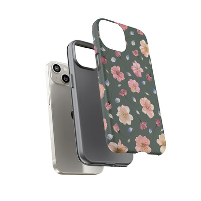 Coque Téléphone Samsung, iPhone & Google Pixel Renforcée Mate – Design Floral Fleurs de Cerisier sur Fond Verte Minéral | Protection Antichoc | Idée Cadeau Femme
