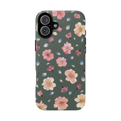 Coque Téléphone Samsung, iPhone & Google Pixel Renforcée Mate – Design Floral Fleurs de Cerisier sur Fond Verte Minéral | Protection Antichoc | Idée Cadeau Femme