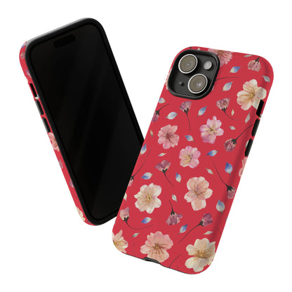 Coque Téléphone Samsung, iPhone & Google Pixel Renforcée Mate – Design Floral Fleurs de Cerisier sur Fond Rouge Féminin | Protection Antichoc | Idée Cadeau Femme