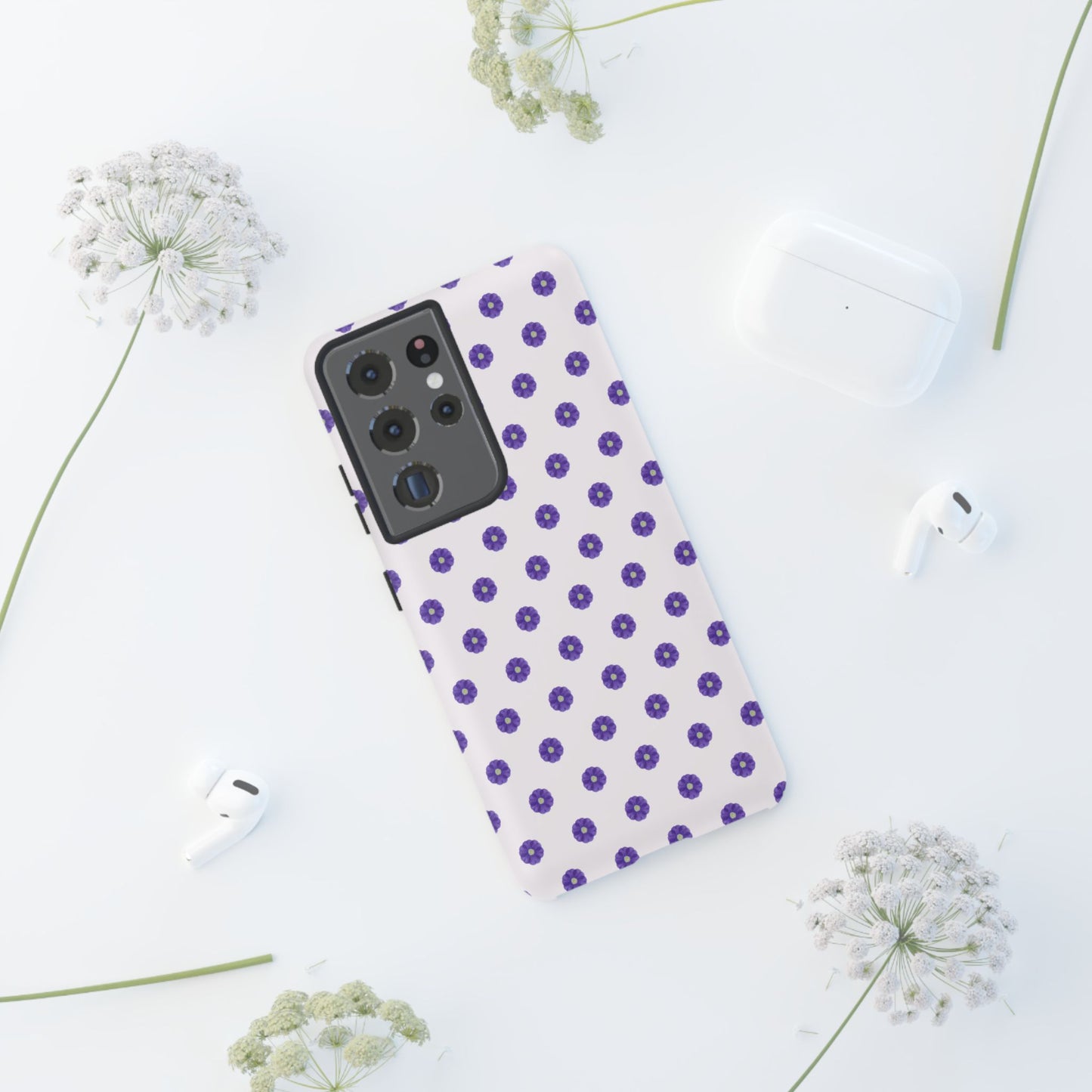 Coque Téléphone Samsung, iPhone & Google Pixel Renforcée Mate – Design Botanique Epuré Fleurs de Primevère sur Fond Blanc Perlé | Protection Antichoc | Idée Cadeau Femme
