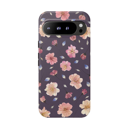 Coque Téléphone Samsung, iPhone & Google Pixel Renforcée Mate – Design Floral Fleurs de Cerisier sur Fond Couleur Prune | Protection Antichoc | Idée Cadeau Femme