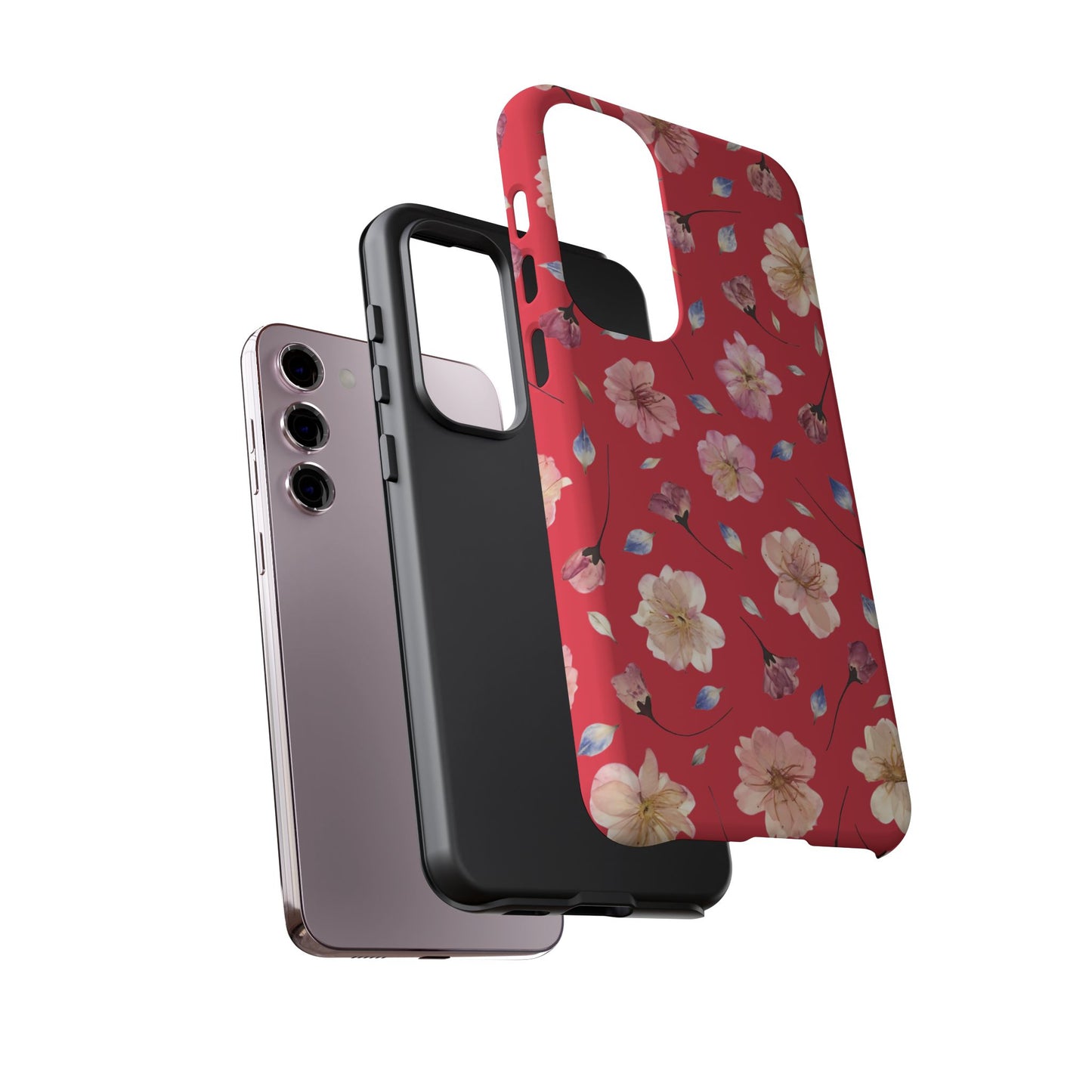 Coque Téléphone Samsung, iPhone & Google Pixel Renforcée Mate – Design Floral Fleurs de Cerisier sur Fond Rouge Féminin | Protection Antichoc | Idée Cadeau Femme