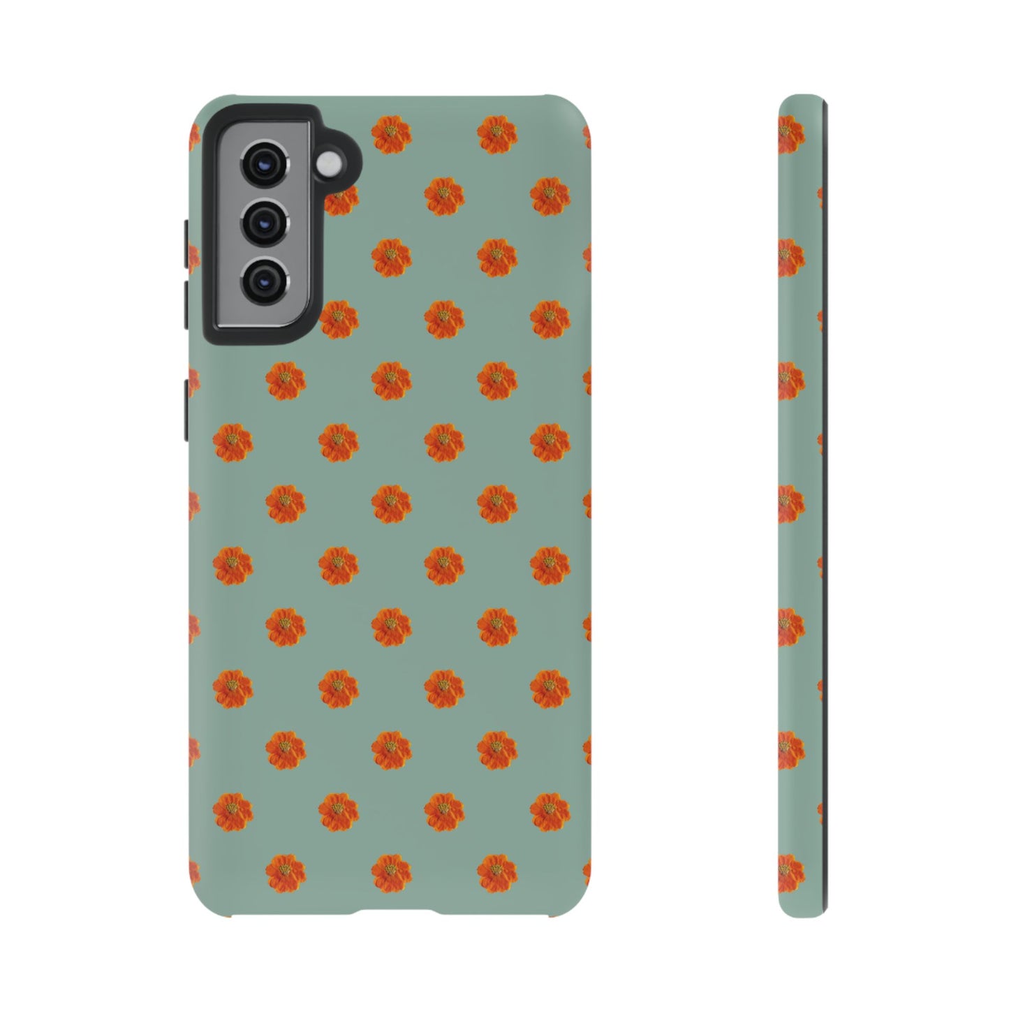 Coque Téléphone Samsung, iPhone & Google Pixel Renforcée Mate – Design Floral Epuré Fleurs de Cosmos Orange sur Fond Vert Eucalyptus | Protection Antichoc | Idée Cadeau Femme