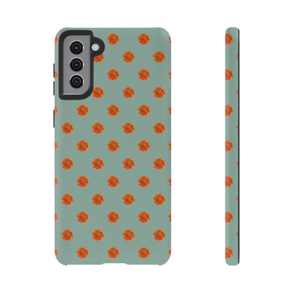 Coque Téléphone Samsung, iPhone & Google Pixel Renforcée Mate – Design Floral Epuré Fleurs de Cosmos Orange sur Fond Vert Eucalyptus | Protection Antichoc | Idée Cadeau Femme