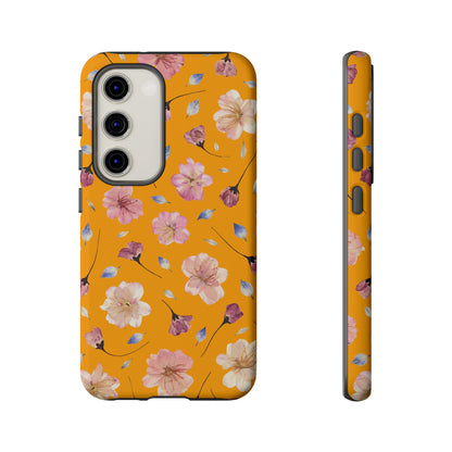 Coque Téléphone Samsung, iPhone & Google Pixel Renforcée Mate – Design Floral Fleurs de Cerisier sur Fond Couleur Curcuma| Protection Antichoc | Idée Cadeau Femme