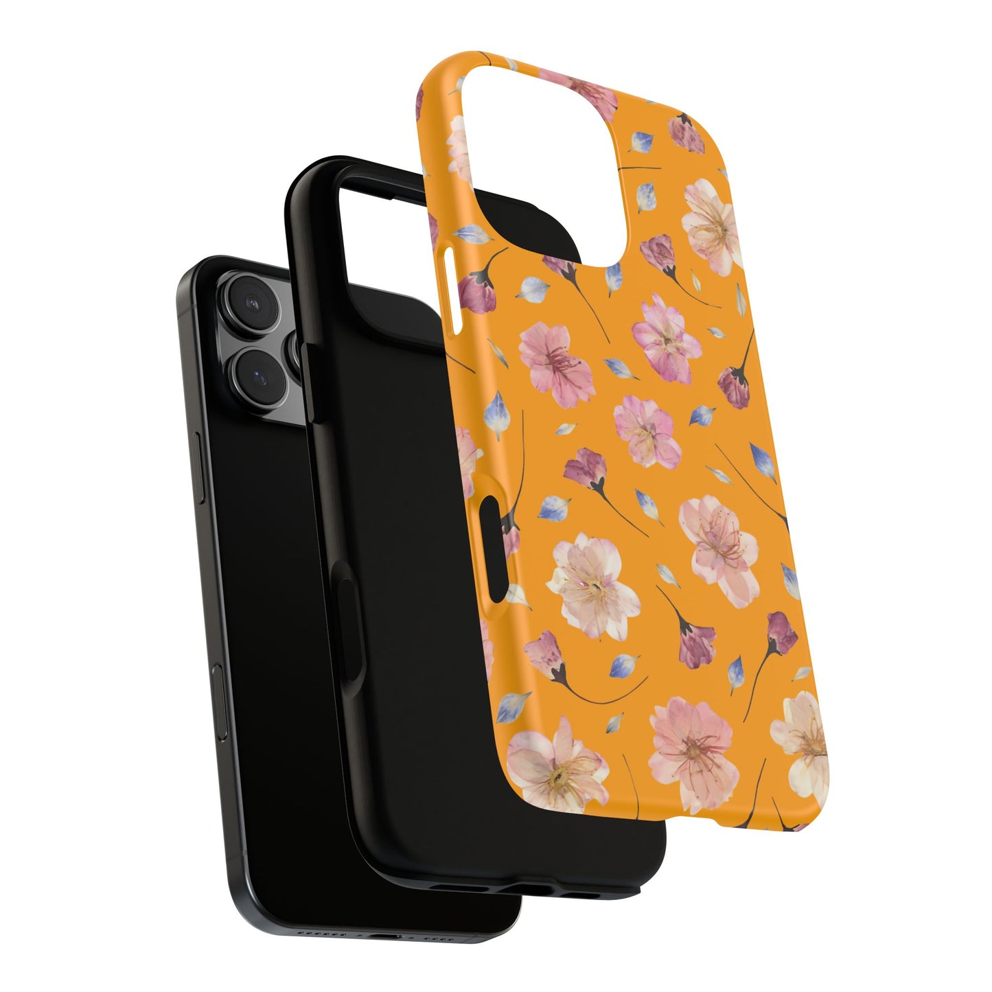 Coque Téléphone Samsung, iPhone & Google Pixel Renforcée Mate – Design Floral Fleurs de Cerisier sur Fond Couleur Curcuma| Protection Antichoc | Idée Cadeau Femme