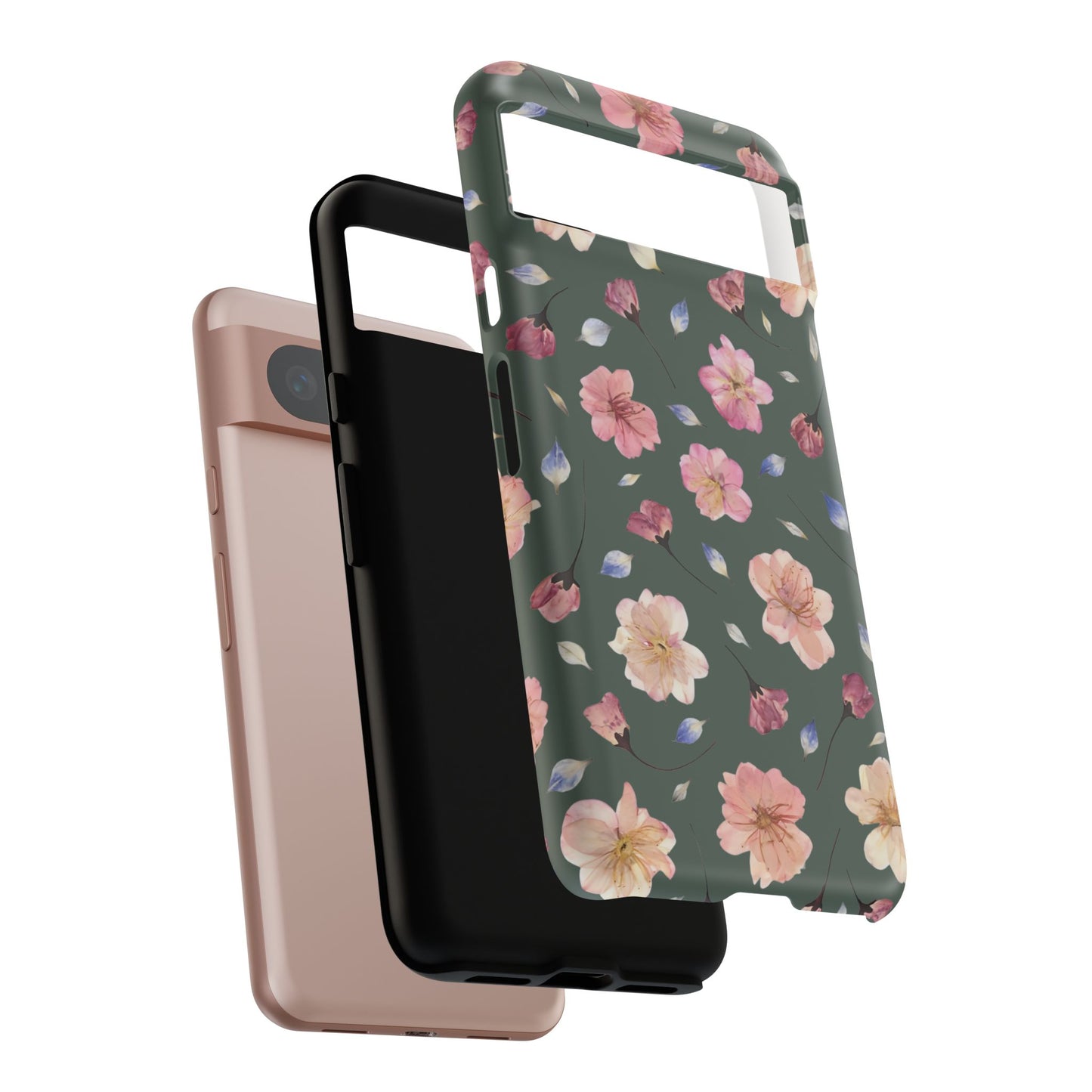 Coque Téléphone Samsung, iPhone & Google Pixel Renforcée Mate – Design Floral Fleurs de Cerisier sur Fond Verte Minéral | Protection Antichoc | Idée Cadeau Femme