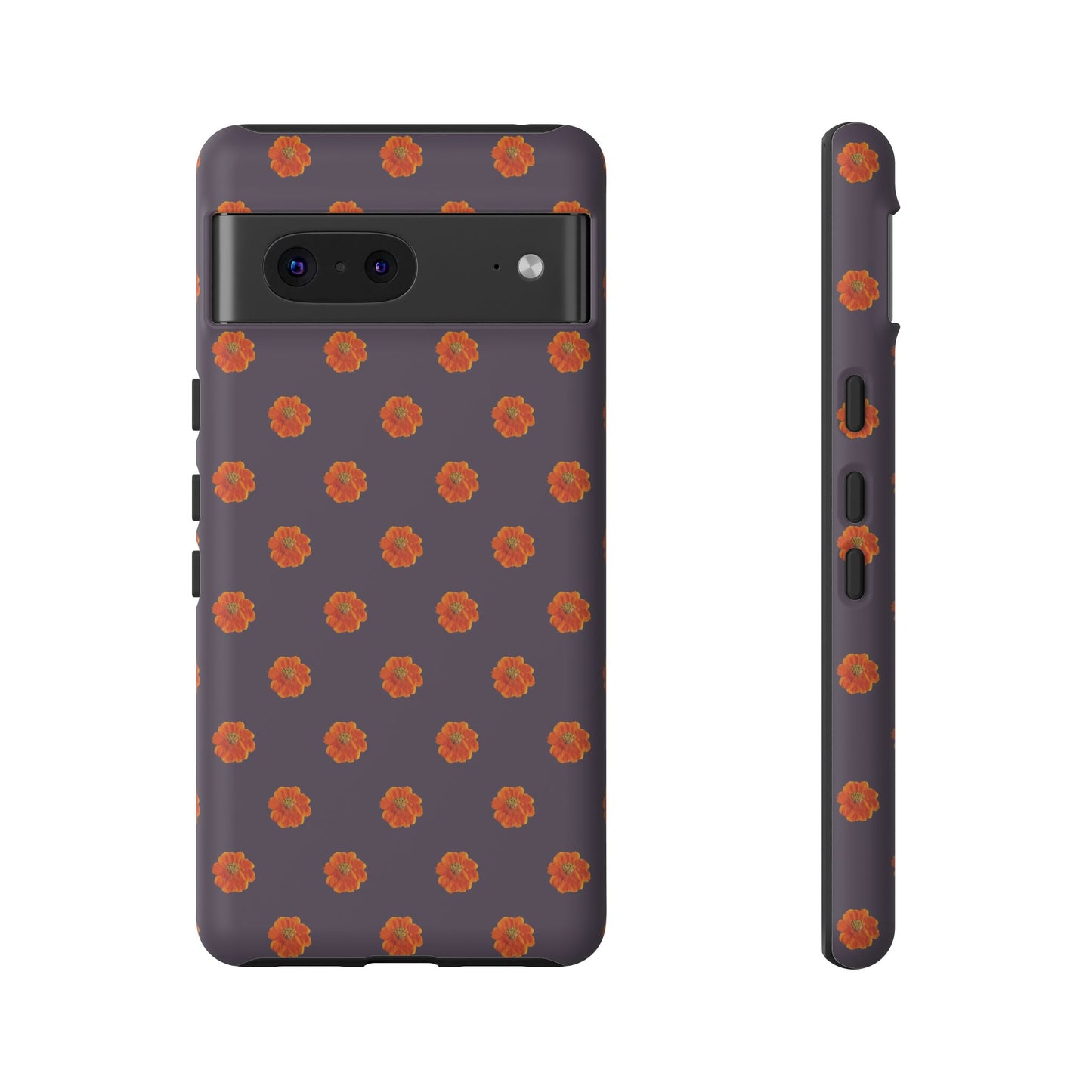 Coque Téléphone Samsung, iPhone & Google Pixel Renforcée Mate – Design Floral Epuré Fleurs de Cosmos Orange sur Fond Couleur Prune | Protection Antichoc | Idée Cadeau Femme