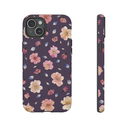 Coque Téléphone Samsung, iPhone & Google Pixel Renforcée Mate – Design Floral Fleurs de Cerisier sur Fond Couleur Prune | Protection Antichoc | Idée Cadeau Femme