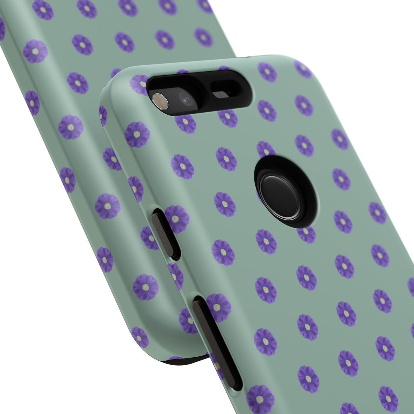 Coque Téléphone Samsung, iPhone & Google Pixel Renforcée Mate – Design Floral Epuré Fleurs de Primevère sur Fond Vert Eucalyptus | Protection Antichoc | Idée Cadeau Anniverssaire