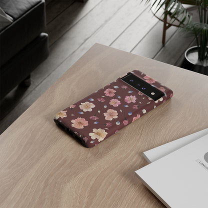 Coque Téléphone Samsung, iPhone & Google Pixel Renforcée Mate – Design Floral Fleurs de Cerisier sur Fond Bordeaux | Protection Antichoc | Idée Cadeau Pour Elle