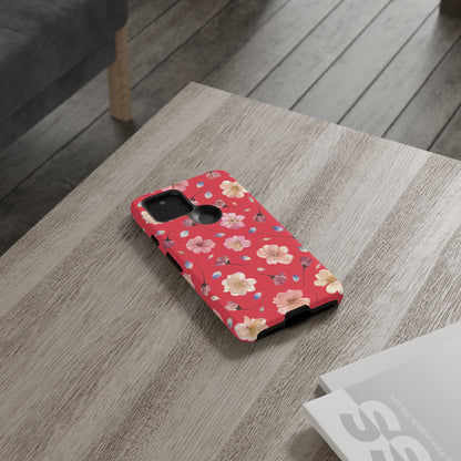 Coque Téléphone Samsung, iPhone & Google Pixel Renforcée Mate – Design Floral Fleurs de Cerisier sur Fond Rouge Féminin | Protection Antichoc | Idée Cadeau Femme
