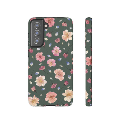 Coque Téléphone Samsung, iPhone & Google Pixel Renforcée Mate – Design Floral Fleurs de Cerisier sur Fond Verte Minéral | Protection Antichoc | Idée Cadeau Femme