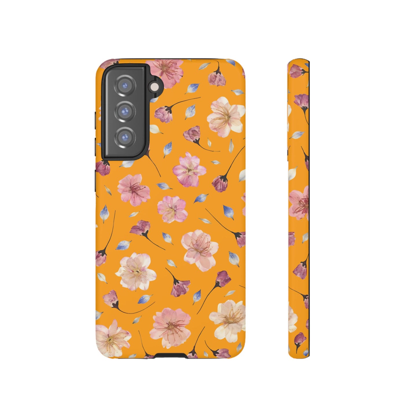 Coque Téléphone Samsung, iPhone & Google Pixel Renforcée Mate – Design Floral Fleurs de Cerisier sur Fond Couleur Curcuma| Protection Antichoc | Idée Cadeau Femme