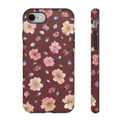 Coque Téléphone Samsung, iPhone & Google Pixel Renforcée Mate – Design Floral Fleurs de Cerisier sur Fond Bordeaux | Protection Antichoc | Idée Cadeau Pour Elle