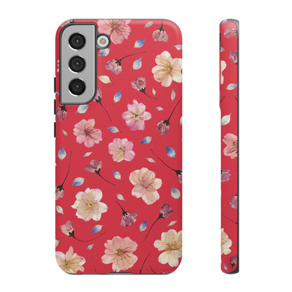 Coque Téléphone Samsung, iPhone & Google Pixel Renforcée Mate – Design Floral Fleurs de Cerisier sur Fond Rouge Féminin | Protection Antichoc | Idée Cadeau Femme