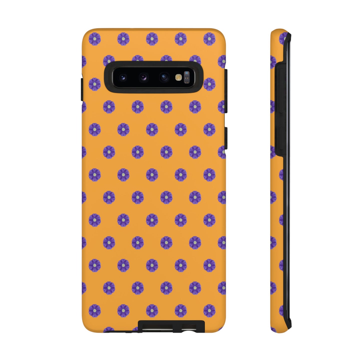 Coque Téléphone Samsung, iPhone & Google Pixel Renforcée Mate – Design Botanique Epuré Fleurs de Primevère sur Fond Ambre | Protection Antichoc | Idée Cadeau Femme