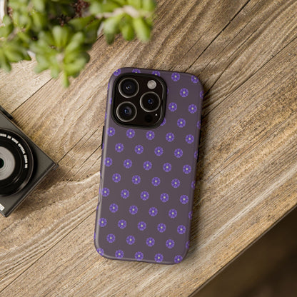 Coque Téléphone Samsung, iPhone & Google Pixel Renforcée Mate – Design Floral Epuré Fleurs de Primevère sur Fond Couleur Prune| Protection Antichoc | Idée Cadeau Femme