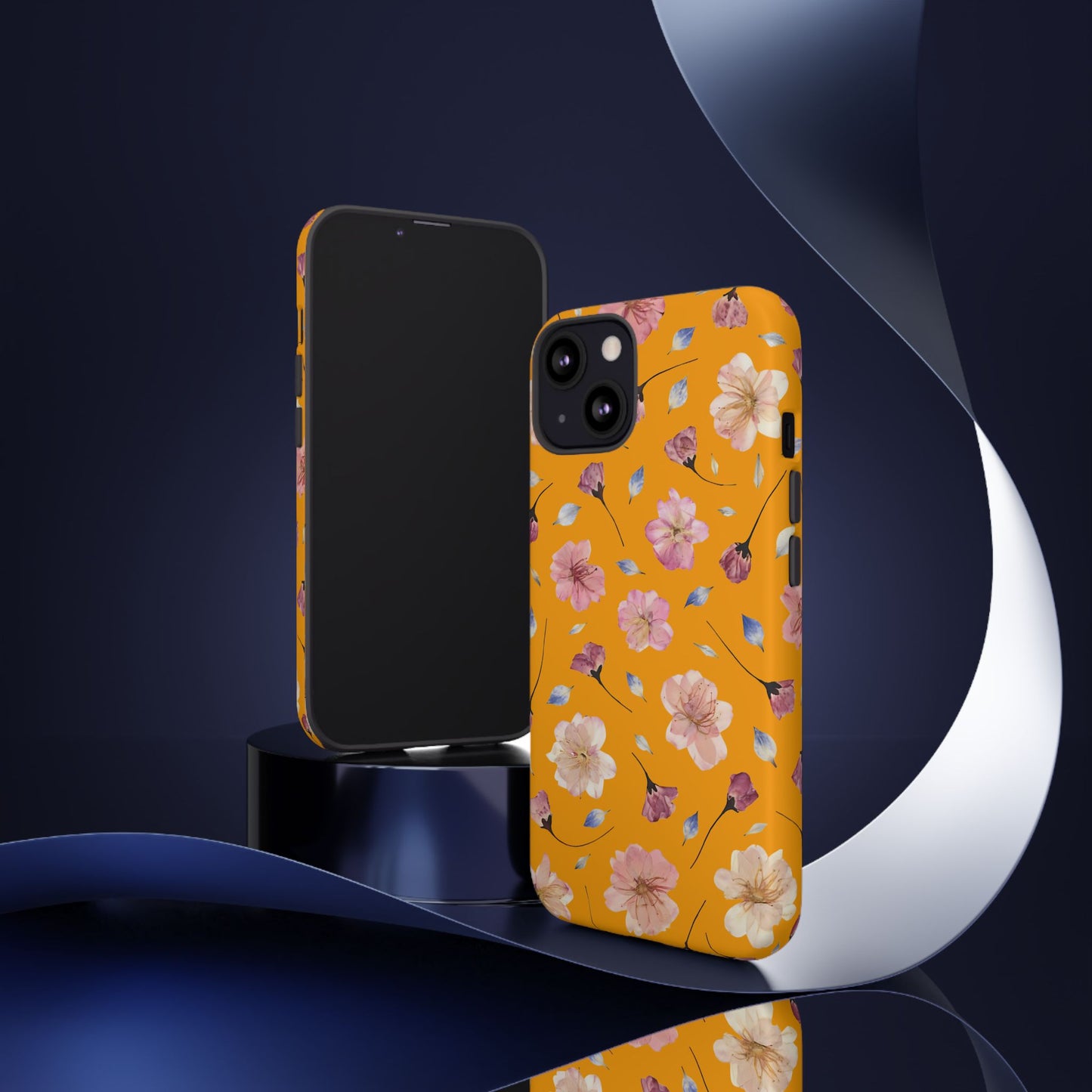 Coque Téléphone Samsung, iPhone & Google Pixel Renforcée Mate – Design Floral Fleurs de Cerisier sur Fond Couleur Curcuma| Protection Antichoc | Idée Cadeau Femme
