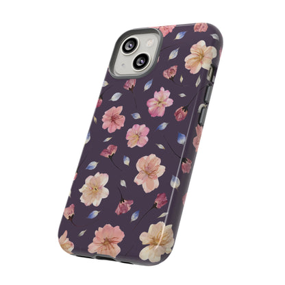 Coque Téléphone Samsung, iPhone & Google Pixel Renforcée Mate – Design Floral Fleurs de Cerisier sur Fond Couleur Prune | Protection Antichoc | Idée Cadeau Femme