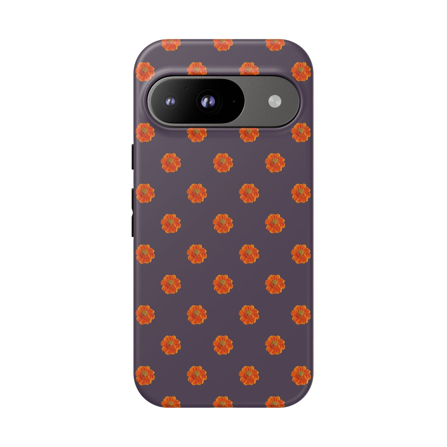 Coque Téléphone Samsung, iPhone & Google Pixel Renforcée Mate – Design Floral Epuré Fleurs de Cosmos Orange sur Fond Couleur Prune | Protection Antichoc | Idée Cadeau Femme