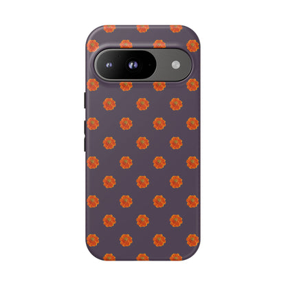 Coque Téléphone Samsung, iPhone & Google Pixel Renforcée Mate – Design Floral Epuré Fleurs de Cosmos Orange sur Fond Couleur Prune | Protection Antichoc | Idée Cadeau Femme