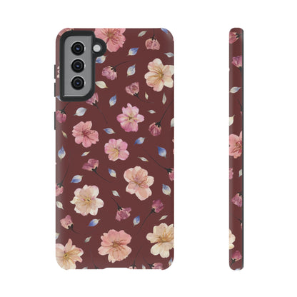 Coque Téléphone Samsung, iPhone & Google Pixel Renforcée Mate – Design Floral Fleurs de Cerisier sur Fond Bordeaux | Protection Antichoc | Idée Cadeau Pour Elle