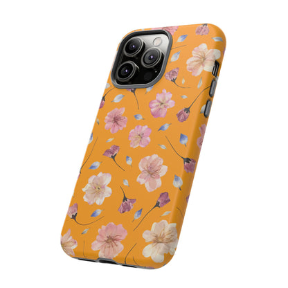 Coque Téléphone Samsung, iPhone & Google Pixel Renforcée Mate – Design Floral Fleurs de Cerisier sur Fond Couleur Curcuma| Protection Antichoc | Idée Cadeau Femme