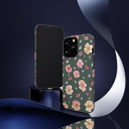 Coque Téléphone Samsung, iPhone & Google Pixel Renforcée Mate – Design Floral Fleurs de Cerisier sur Fond Verte Minéral | Protection Antichoc | Idée Cadeau Femme