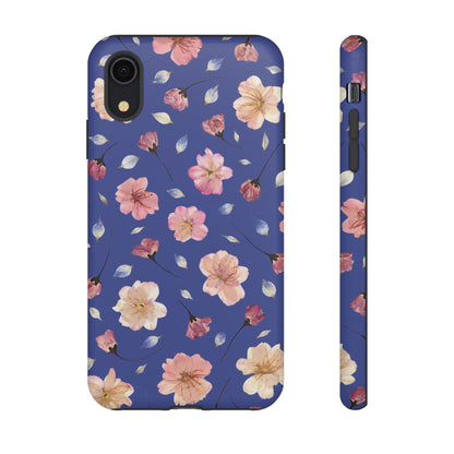 Coque Téléphone Samsung, iPhone & Google Pixel Renforcée Mate – Design Floral Fleurs de Cerisier sur Fond Bleu Encre | Protection Antichoc | Idée Cadeau Pour Elle
