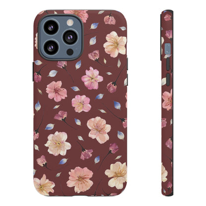 Coque Téléphone Samsung, iPhone & Google Pixel Renforcée Mate – Design Floral Fleurs de Cerisier sur Fond Bordeaux | Protection Antichoc | Idée Cadeau Pour Elle