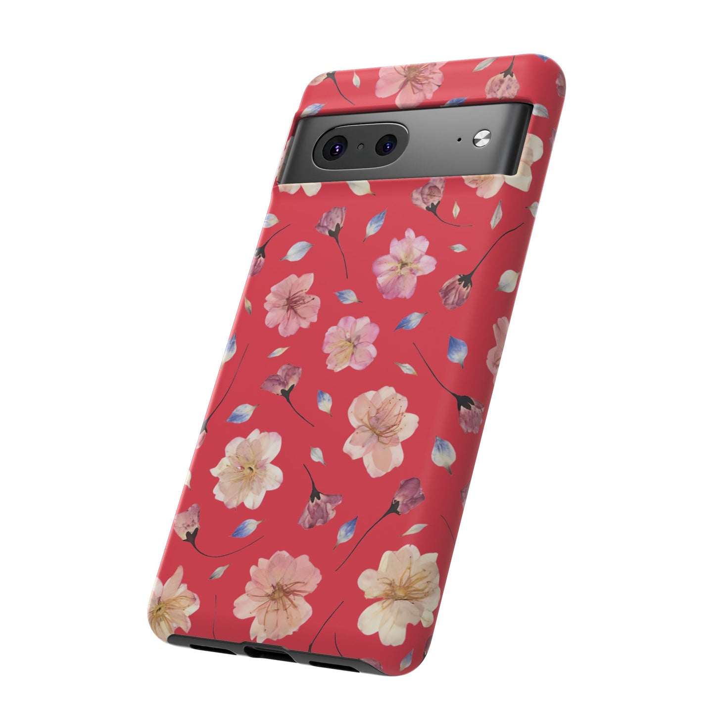 Coque Téléphone Samsung, iPhone & Google Pixel Renforcée Mate – Design Floral Fleurs de Cerisier sur Fond Rouge Féminin | Protection Antichoc | Idée Cadeau Femme