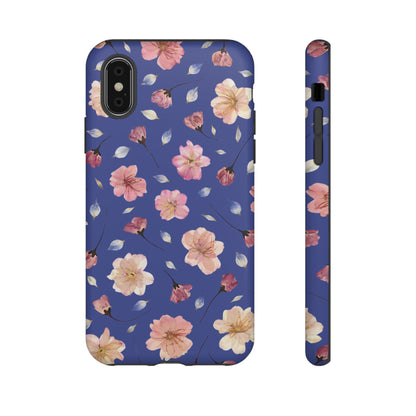 Coque Téléphone Samsung, iPhone & Google Pixel Renforcée Mate – Design Floral Fleurs de Cerisier sur Fond Bleu Encre | Protection Antichoc | Idée Cadeau Pour Elle