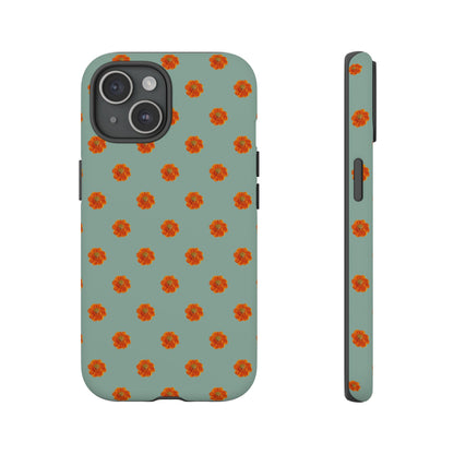 Coque Téléphone Samsung, iPhone & Google Pixel Renforcée Mate – Design Floral Epuré Fleurs de Cosmos Orange sur Fond Vert Eucalyptus | Protection Antichoc | Idée Cadeau Femme