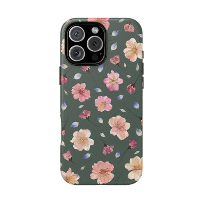 Coque Téléphone Samsung, iPhone & Google Pixel Renforcée Mate – Design Floral Fleurs de Cerisier sur Fond Verte Minéral | Protection Antichoc | Idée Cadeau Femme