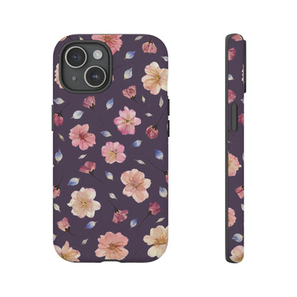 Coque Téléphone Samsung, iPhone & Google Pixel Renforcée Mate – Design Floral Fleurs de Cerisier sur Fond Couleur Prune | Protection Antichoc | Idée Cadeau Femme